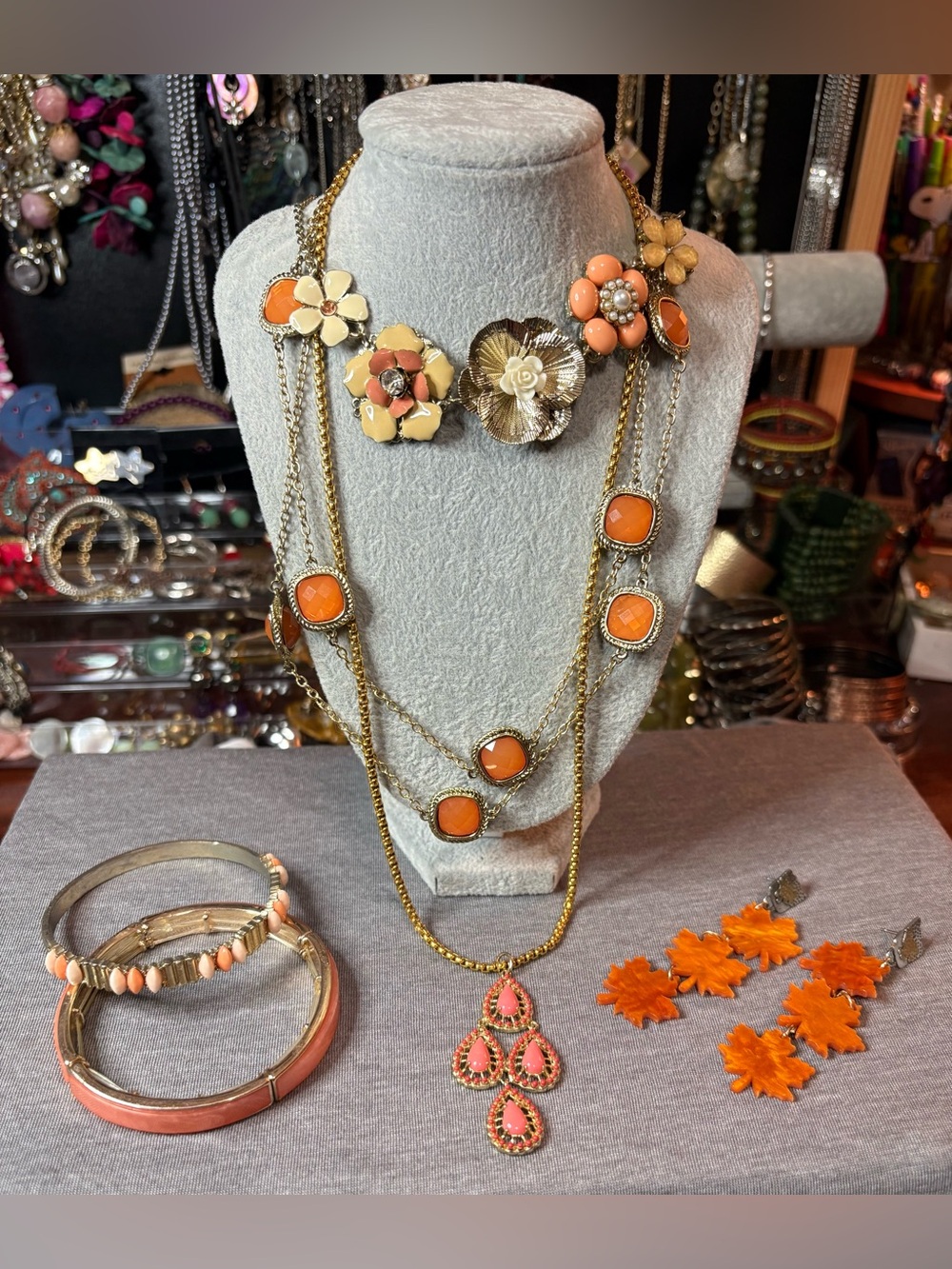 Fall Jewelry Lot Orange Gold Tone Necklaces Bracelets Autumn Harvest Style